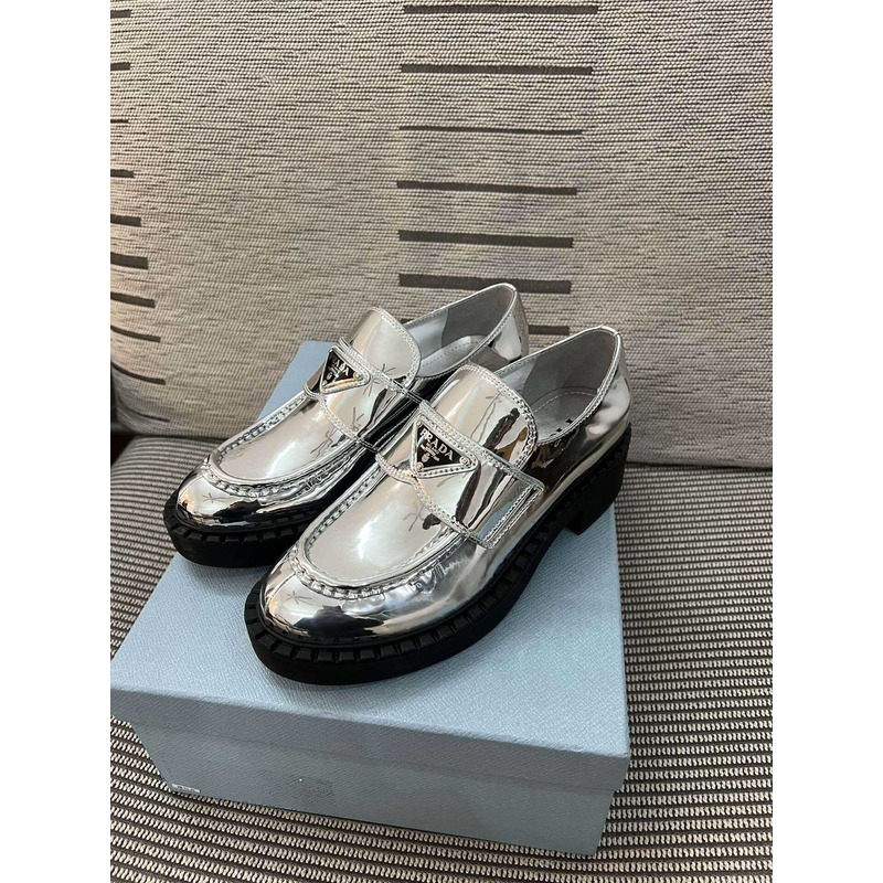 Pra*a triangle logo metallic loafers silver