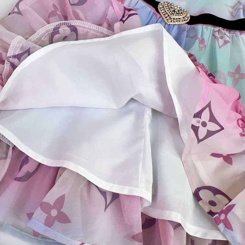 l**is V*t*n kids print ruffle trim mesh dress
