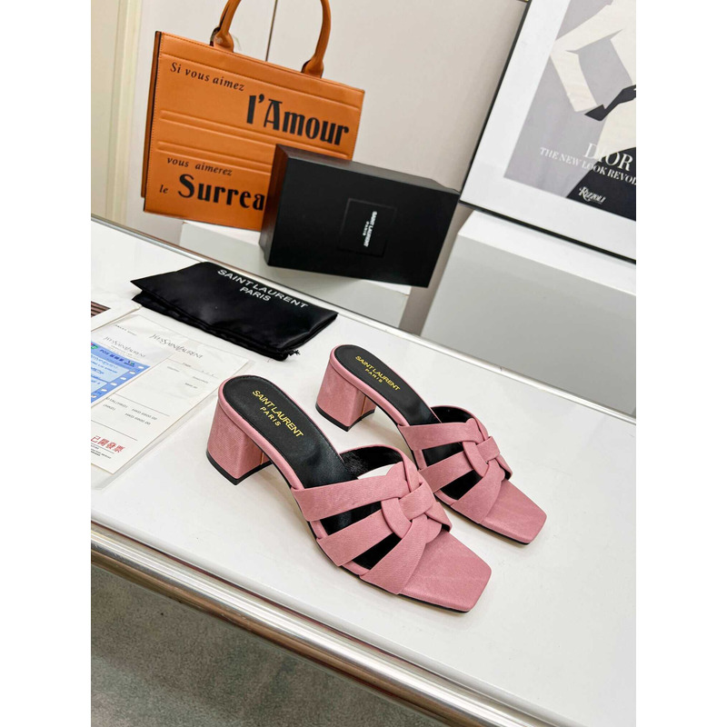 Saint Laurent Tribute Denim Mid-heel Mule Shoes Pink