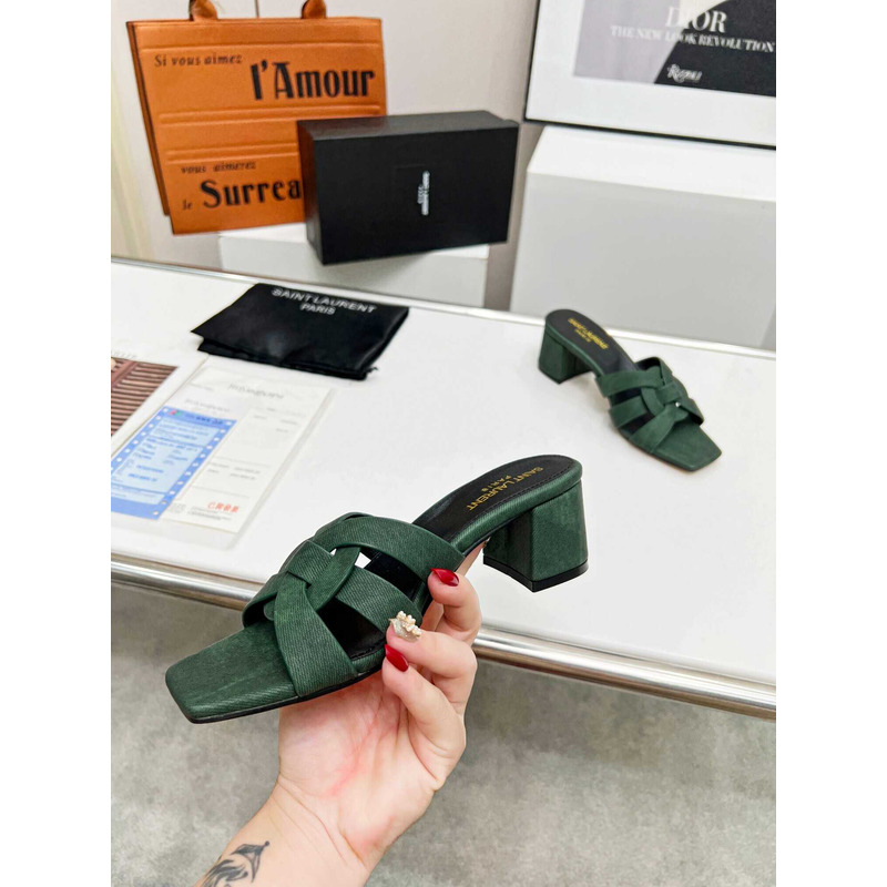 Saint Laurent Tribute Denim Mid-heel Mule Shoes Green