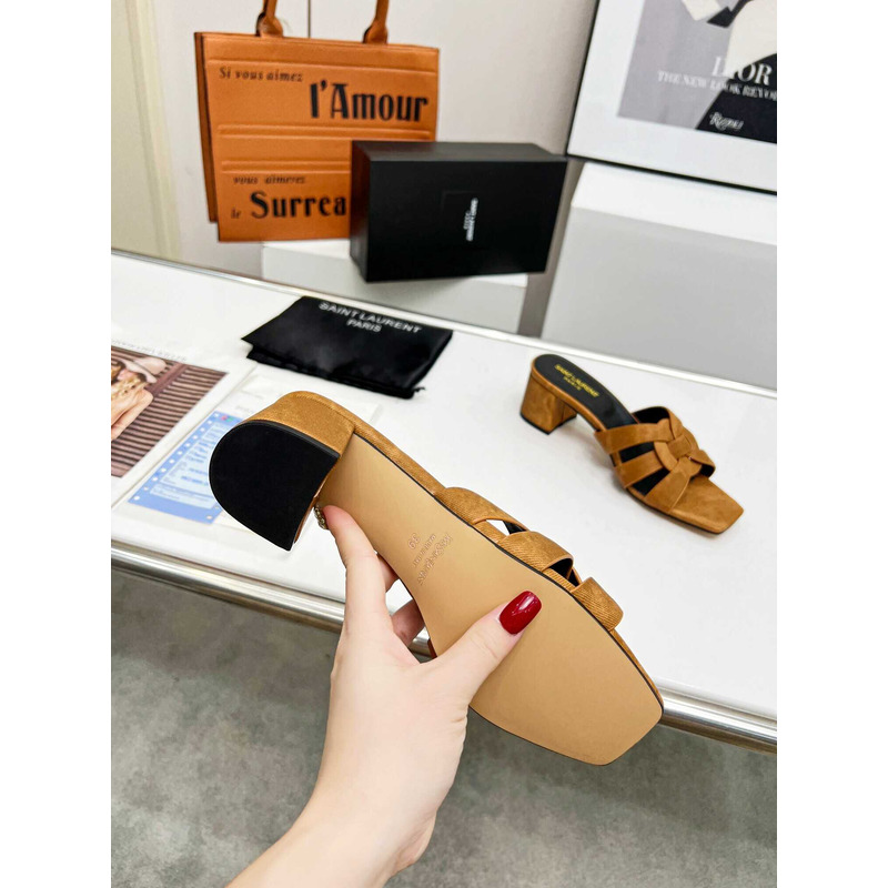 Saint Laurent Tribute Denim Mid-heel Mule Shoes Brown