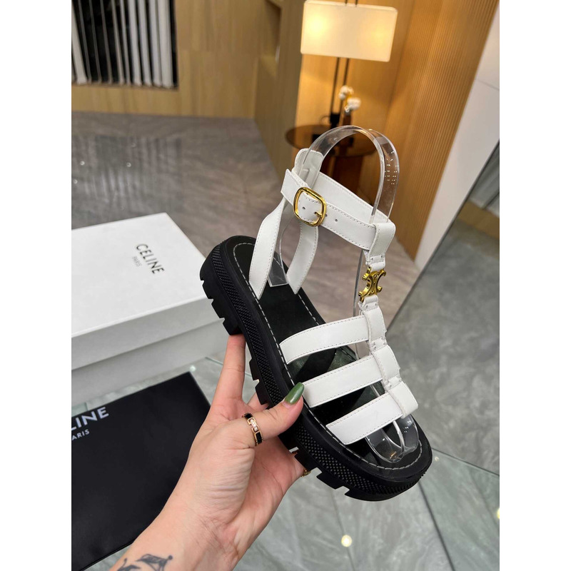 Ce**e clea triomphe calfskin block heel roman sandals white