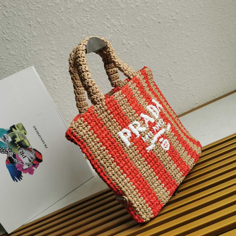 Pra*a large raffia tote bag tan/red