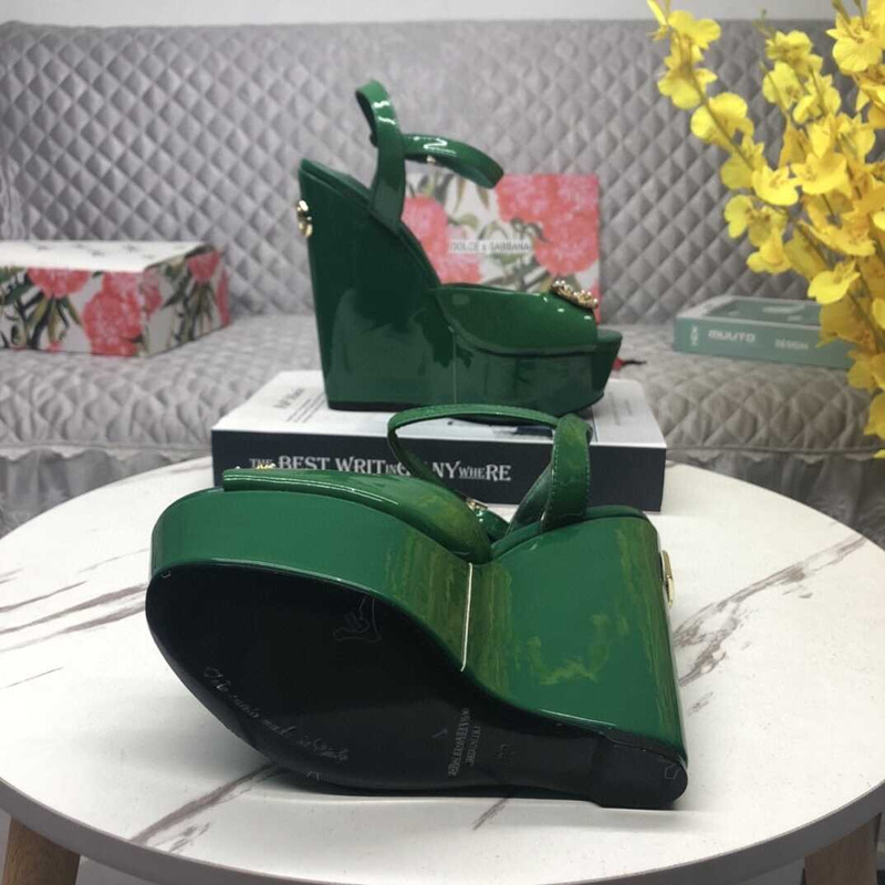 Dolce & Gabbana Wedge Platform Patent Leather Sandals Green