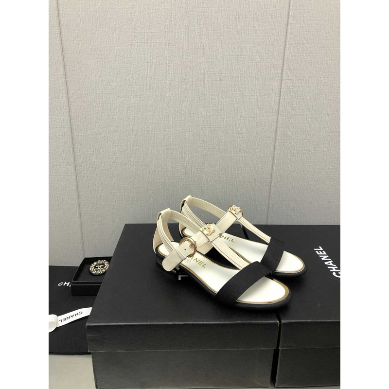 Ch*el casual style leather party style logo sandals black and white
