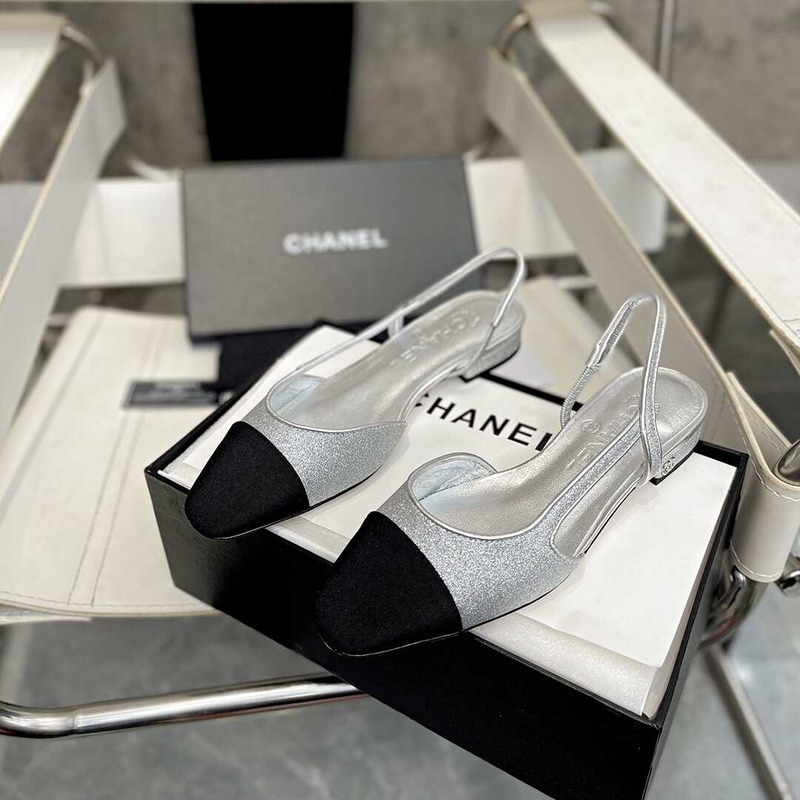 Ch*el strass 20mm slingbacks silver black grosgrain