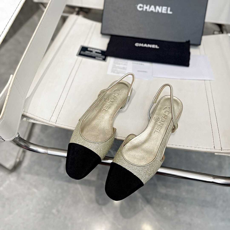 Ch*el strass 20mm slingbacks silver black grosgrain