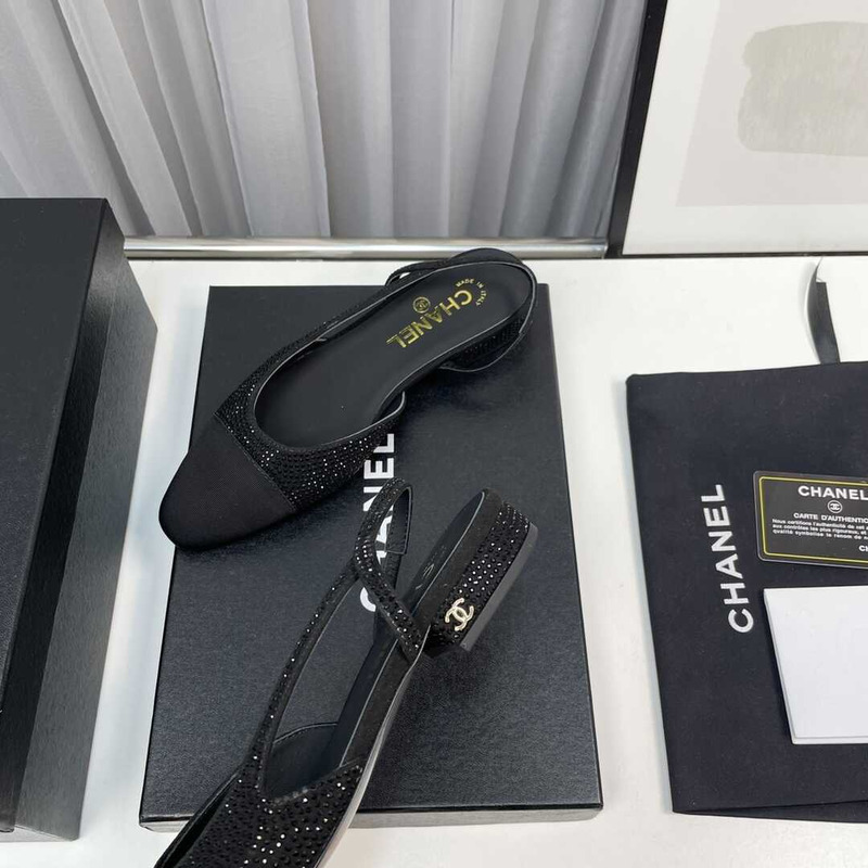 Ch*el strass 20mm slingbacks silver black grosgrain black