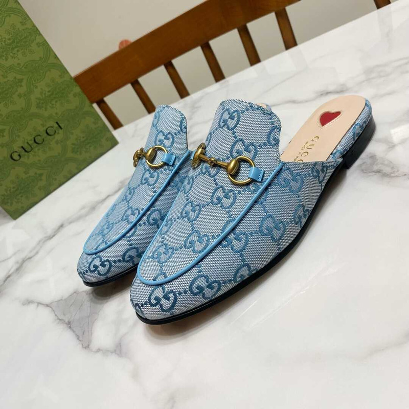 G*u*i princetown horsebit-detailed leather-trimmed canvas-jacquard slippers