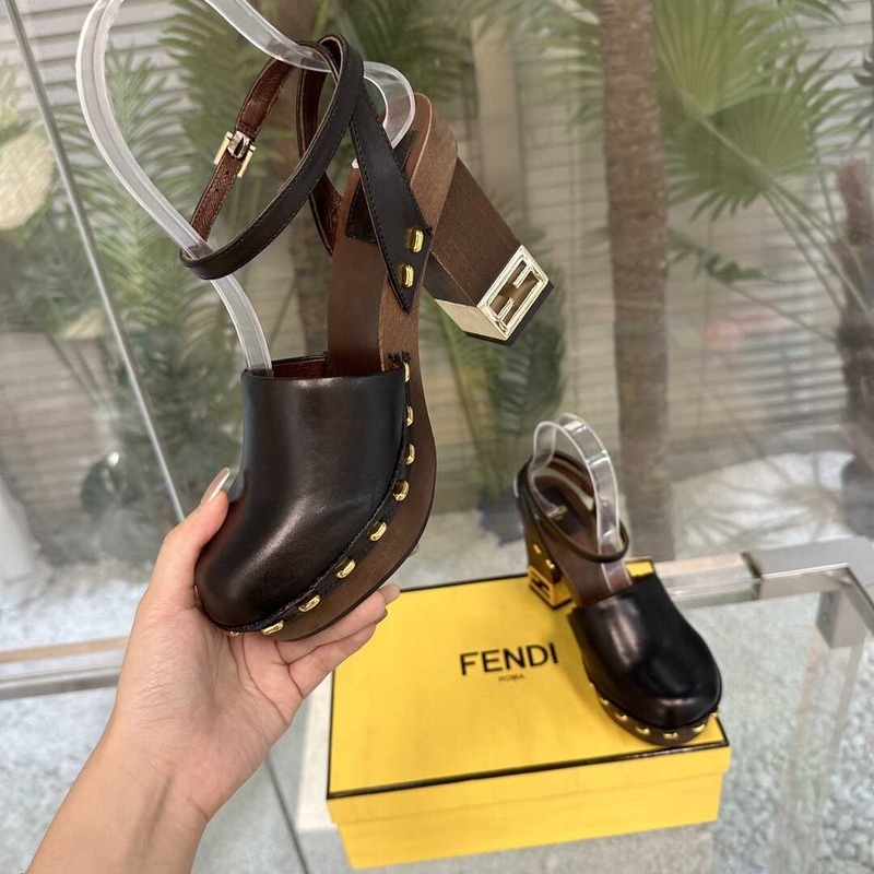 F**di black leather high heel show clogs