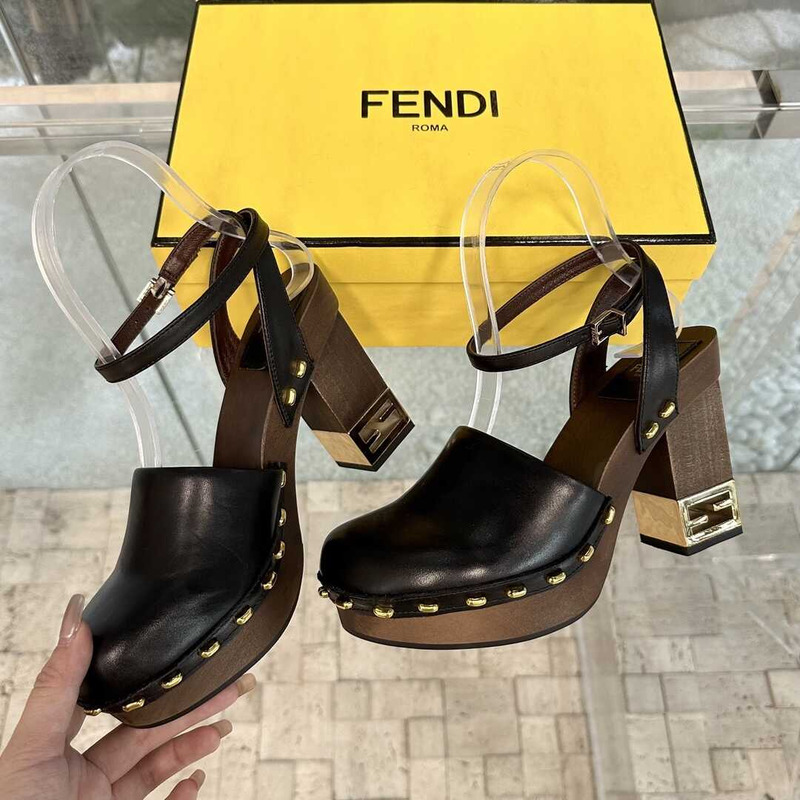 F**di black leather high heel show clogs