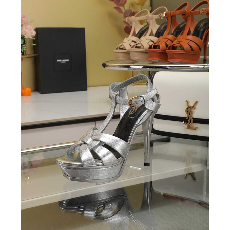 Saint Laurent Tribute Heeled Sandals Leather Silver