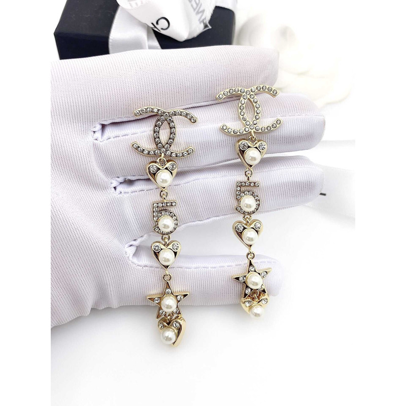 Ch*el pearl long earrings light gold
