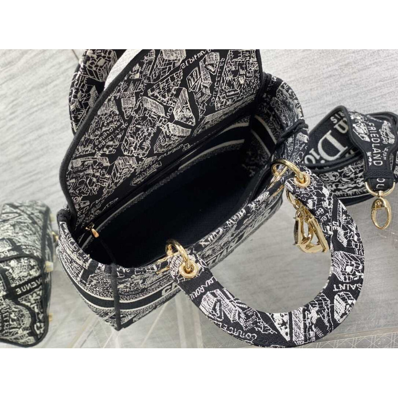 D*or medium lady d-lite bag black and white plan de paris embroidery