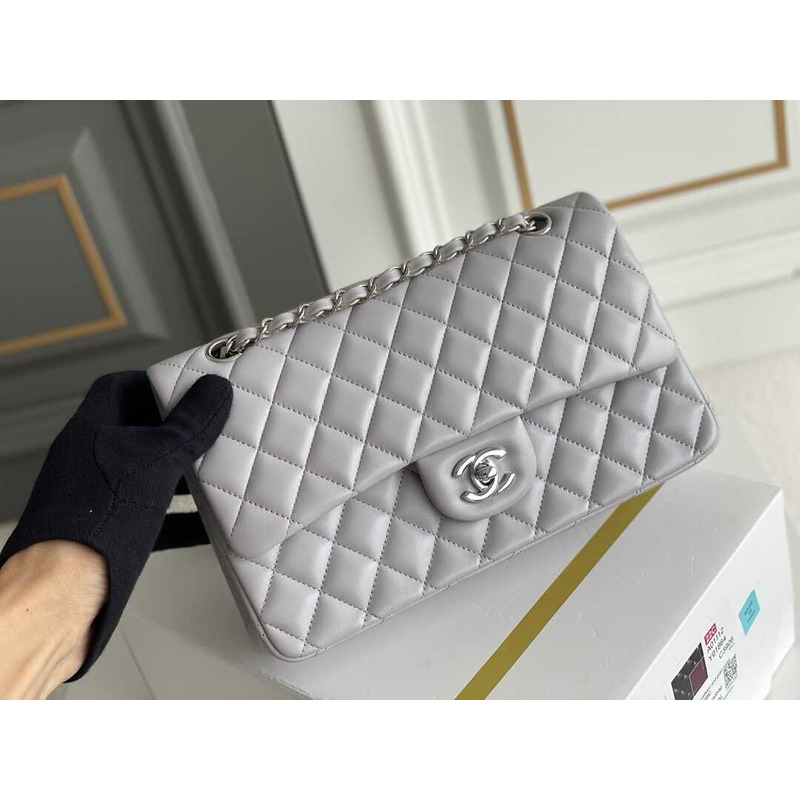Ch*el  grey lambskin leather medium classic double flap shoulder bag