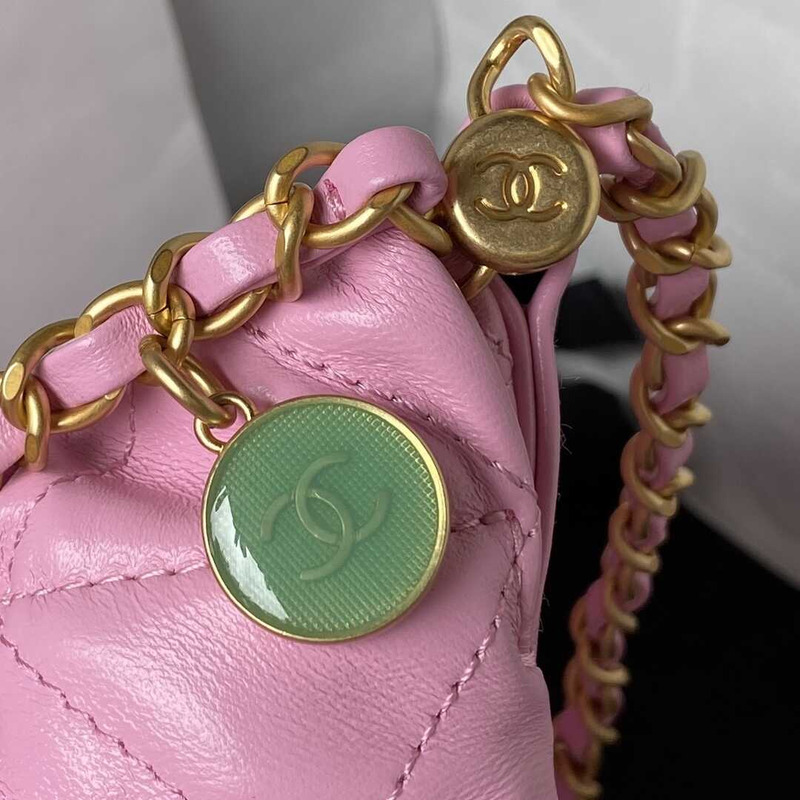 Ch*el small bucket bag lambskin resin & gold-tone metal pink