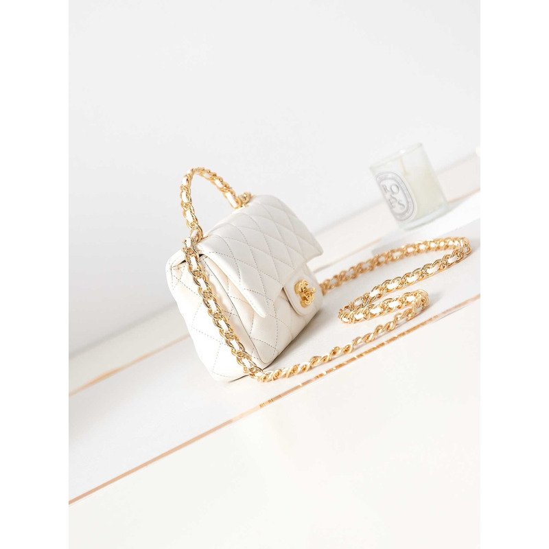 Ch*el small flap bag with handle polished lambskin & gold-tone metal white