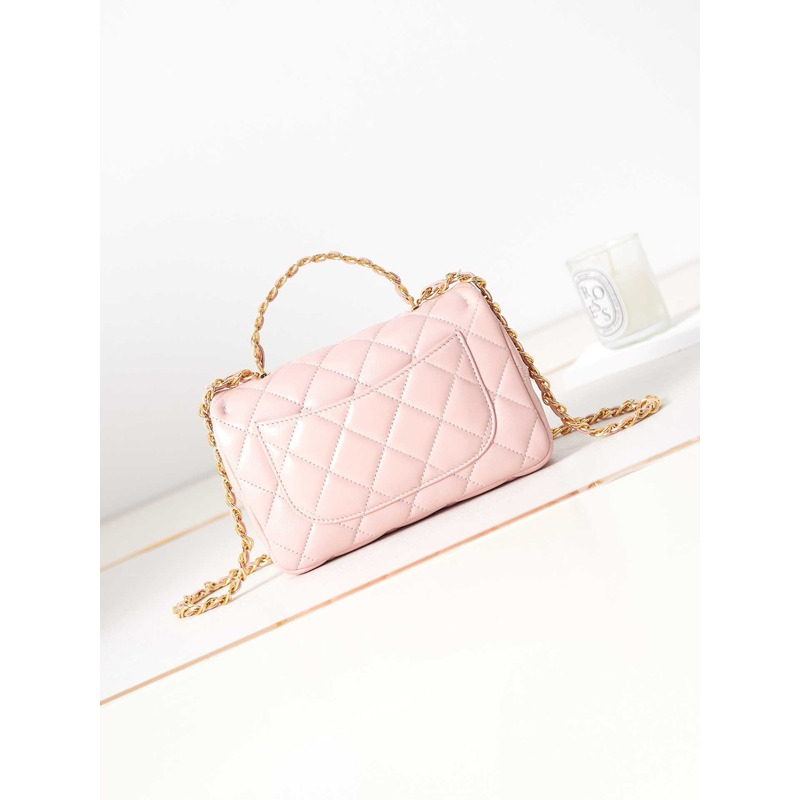 Ch*el small flap bag with handle polished lambskin & gold-tone metal pink