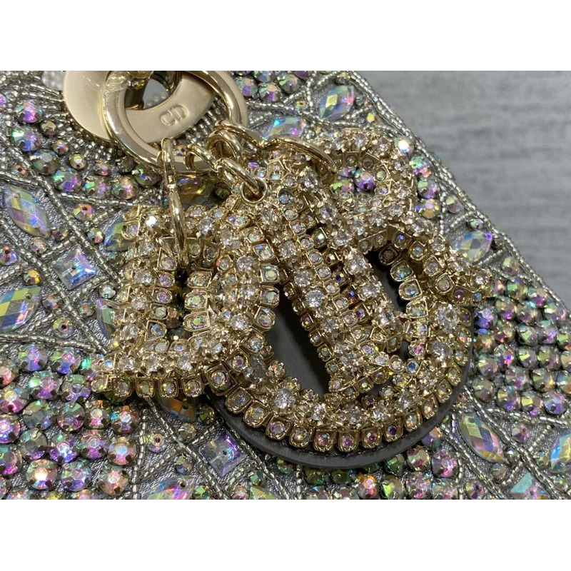 D*or mini lady D*or bag metallic calfskin and satin grey resin bead embroidery