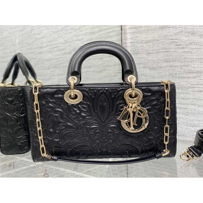D*or medium lady d-joy bag black lambskin with ornamental motif