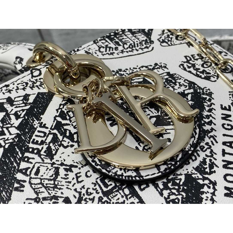 D*or medium lady d-joy bag full white and black plan de paris embroidery pattern
