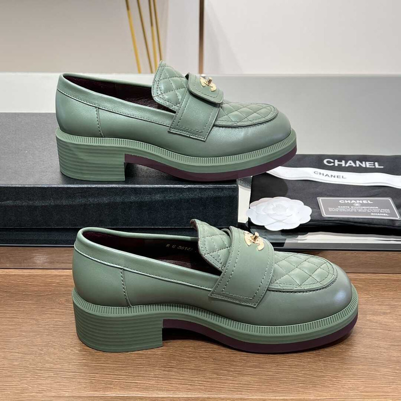 Ch*el lambskin leather loafer green