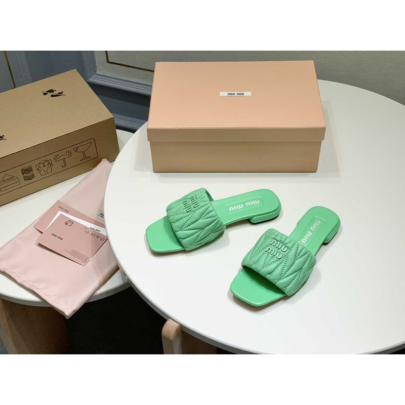 Miu Miu Matelassé Slipper Sandal In Soft Suede Green