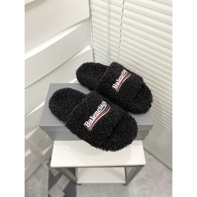 Ba*len*cia*ga logo-embroidered faux shearling slides black