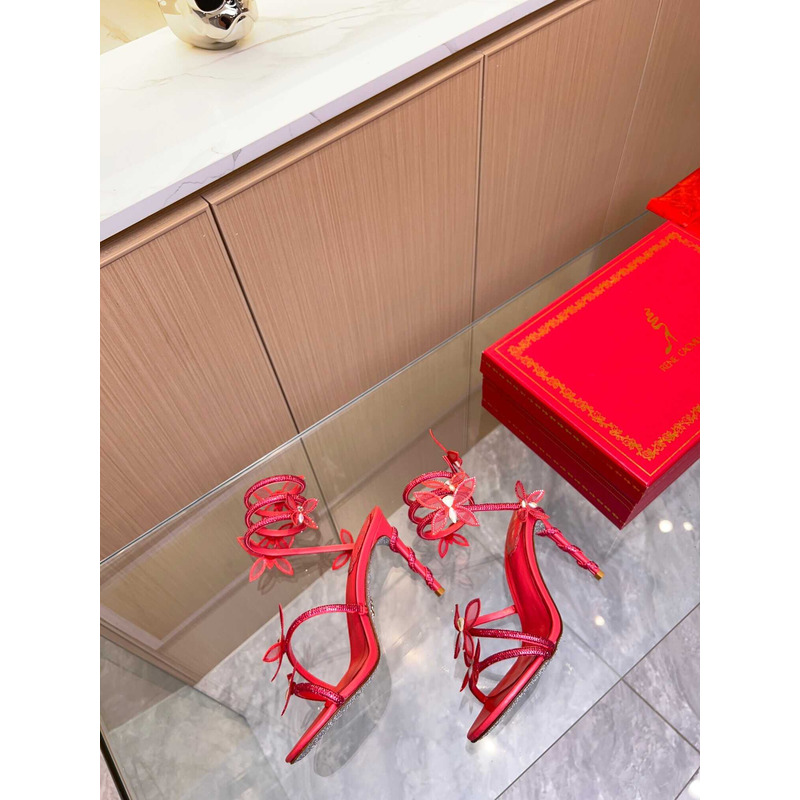 Rene Caovilla Leruy Diamante Butterfly Wrap High Heel Sandals  Red