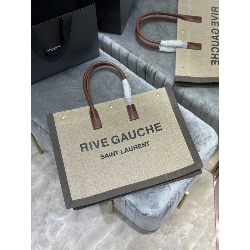 Saint Laurent Rive Gauche Vertical Shopper In Linen And Cotton Gray And Beige