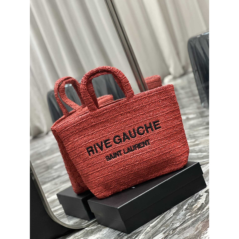 Saint Laurent Rive Gauche Soft Tote Bag In Crocheted Raffia Red