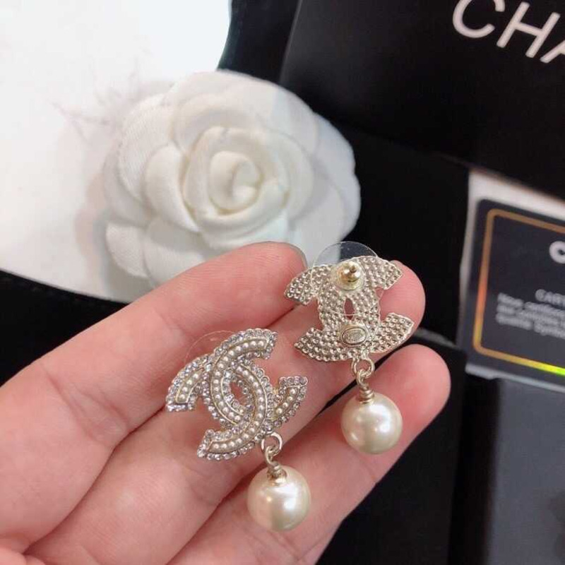 Ch*el crystal and pearl cc earrings
