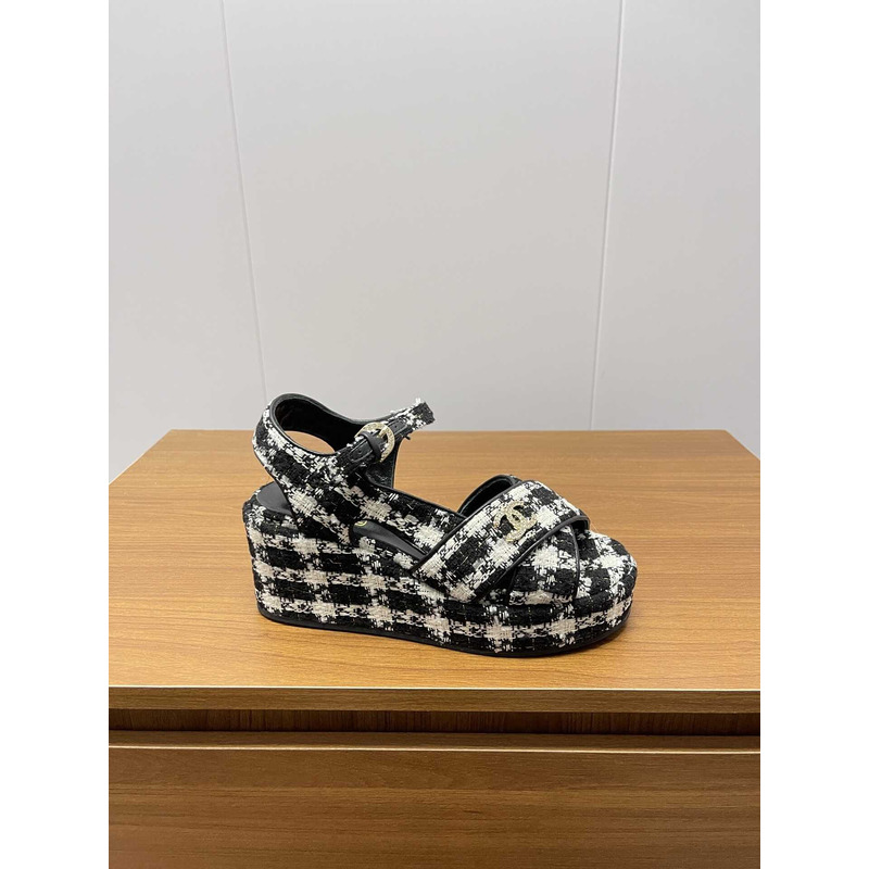 Ch*el open toe platform casual style leather party style black and white