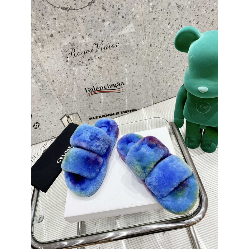 Ce**e open toe platform rubber sole casual style unisex faux fur blue