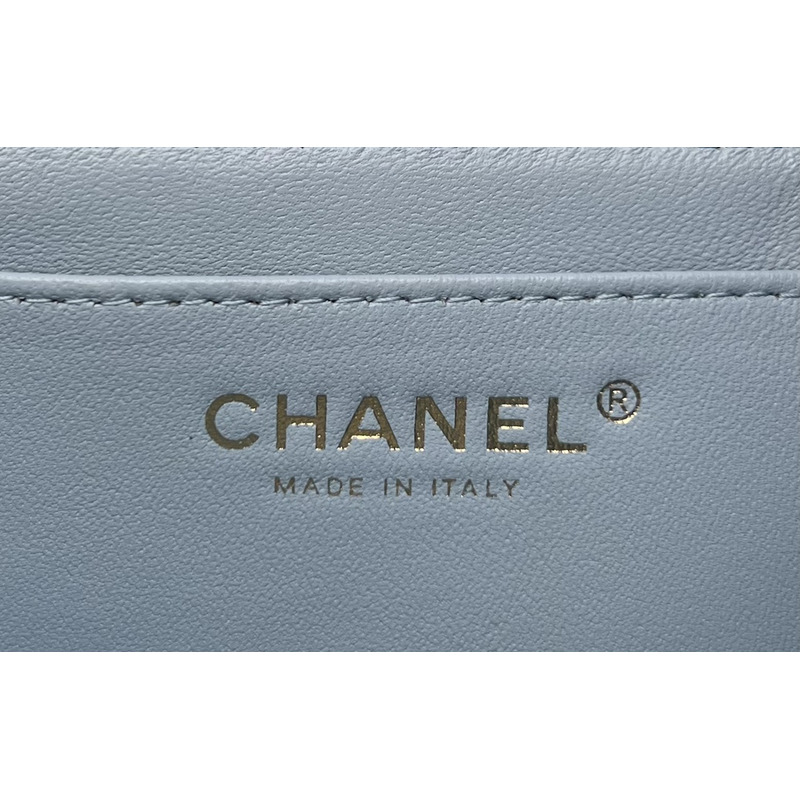Ch*el small flap bag with top handle lambskin & wenge wood light blue
