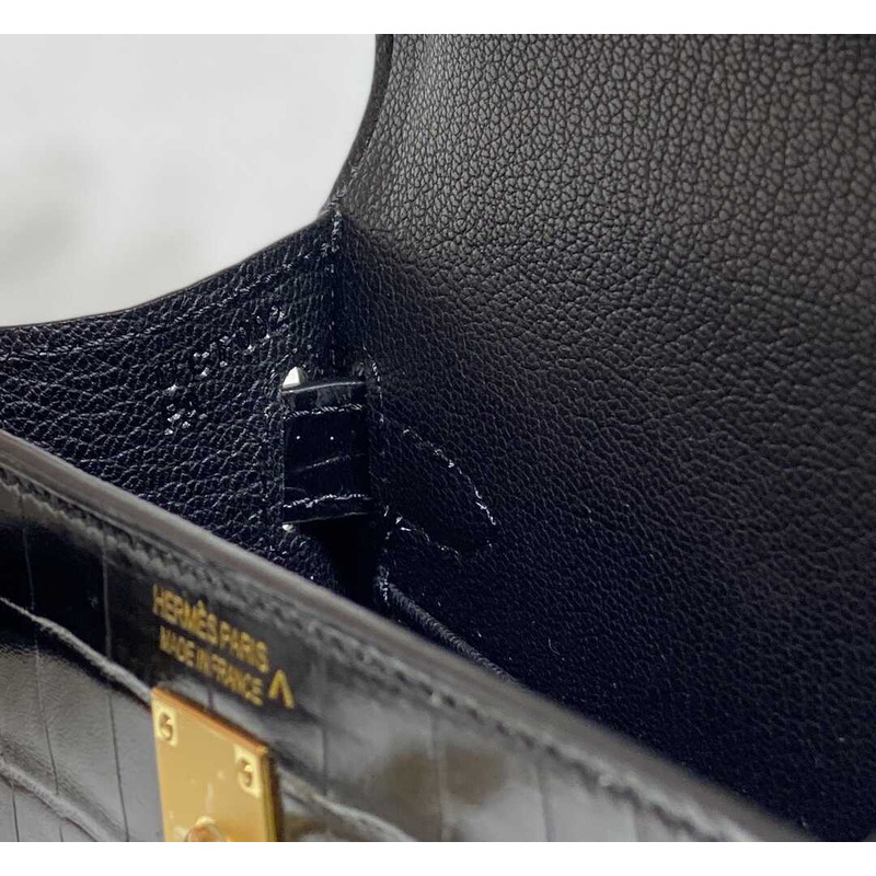 Hermès Black Shiny Alligator Mini Kelly 20 Gold Hardware