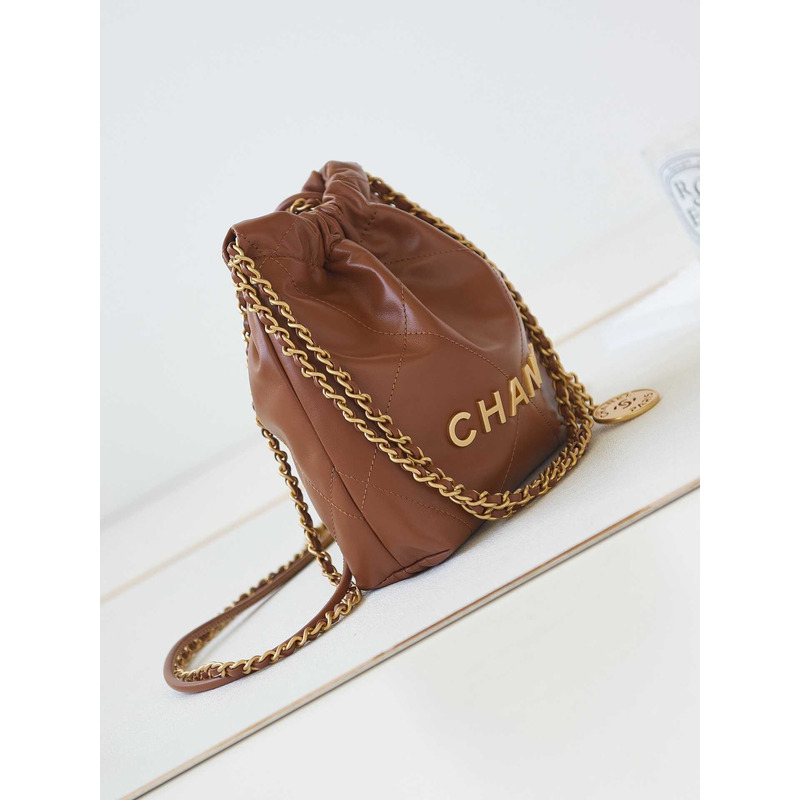 Ch*el 22 mini handbang shiny calfskin & gold-tone metal pale brown
