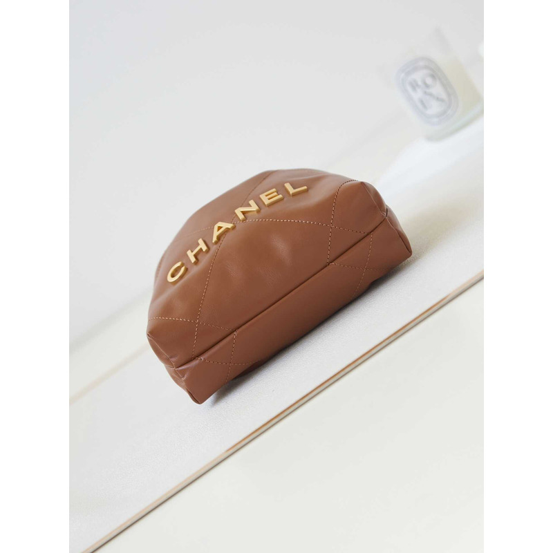 Ch*el 22 mini handbang shiny calfskin & gold-tone metal pale brown