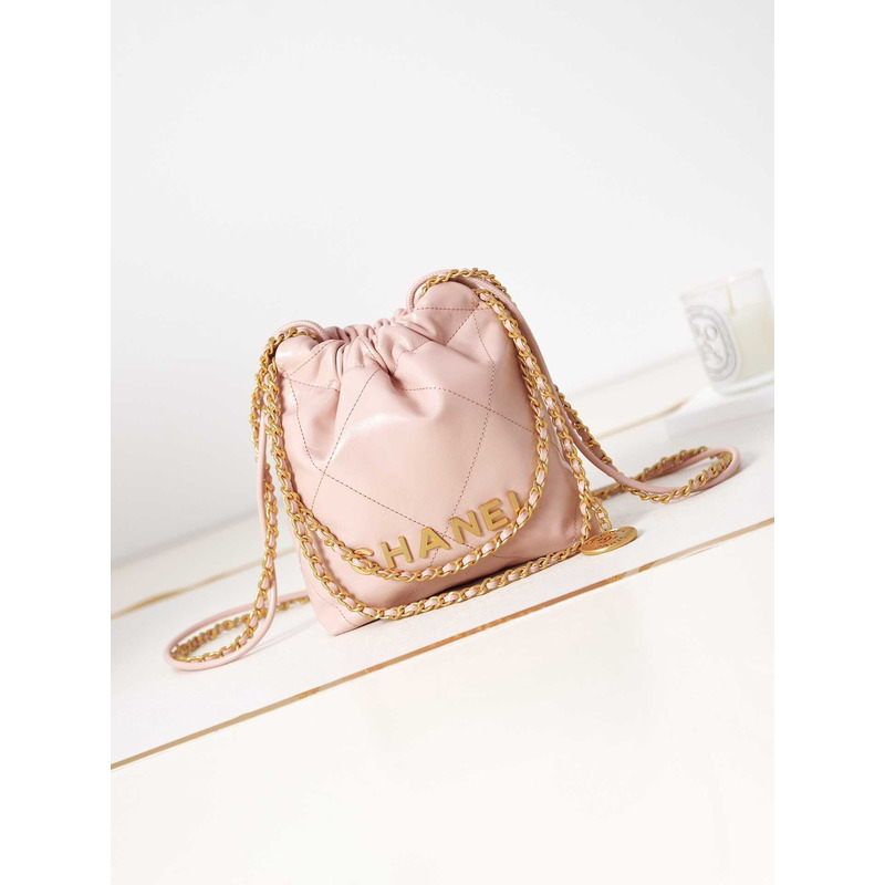Ch*el 22 mini handbang shiny calfskin & gold-tone metal pale nude pink
