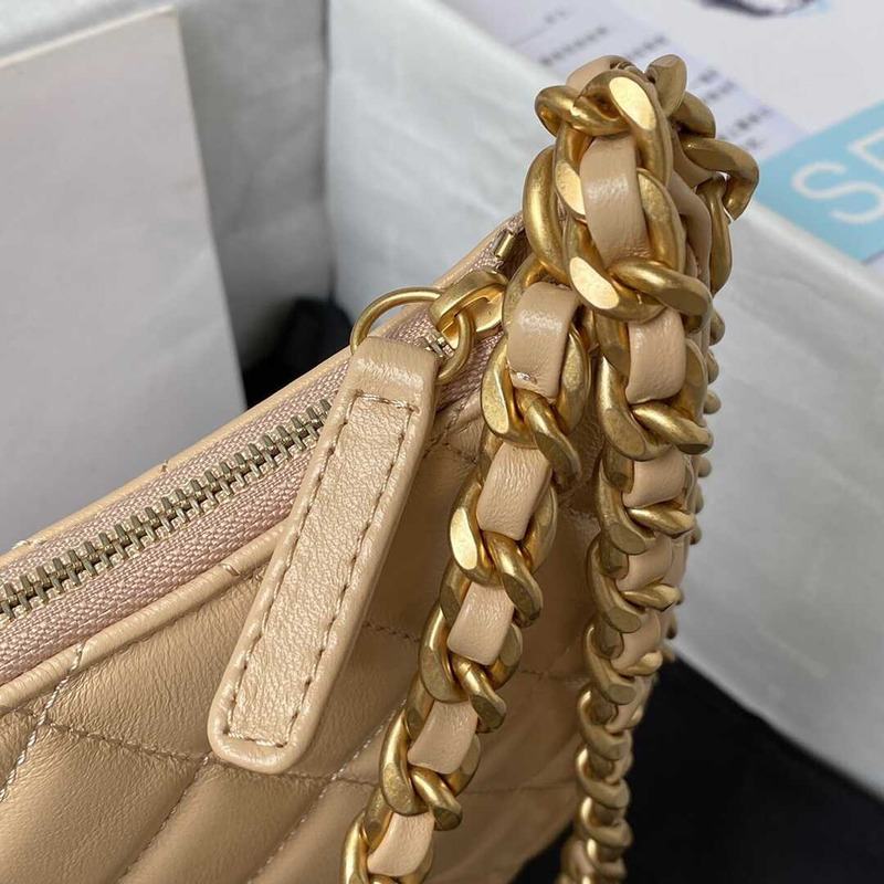 Ch*el shiny crumpled lambskin & gold-tone metal beige