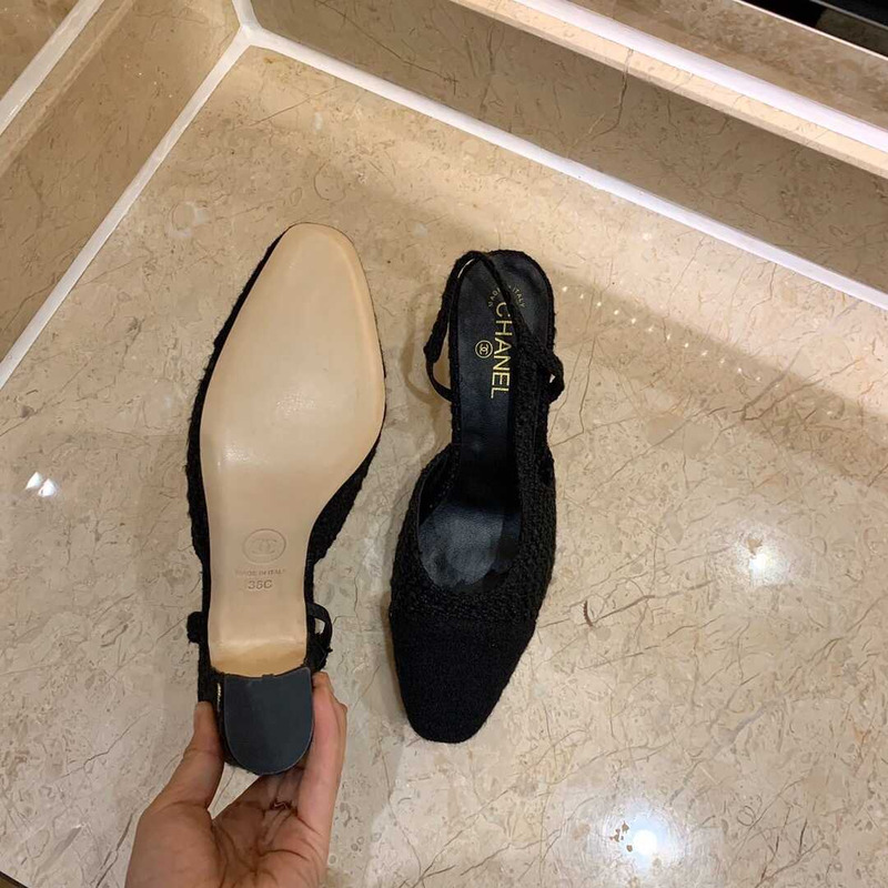 Ch*el classic sandals sheepskin mid-heel sandals black