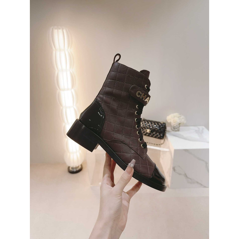 Ch*el military boots patent calfskin and lambskin wine