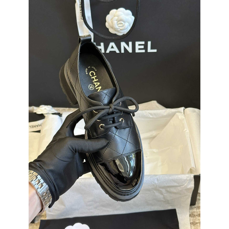 Ch*el lace up shoes calfskin & patent calfskin black