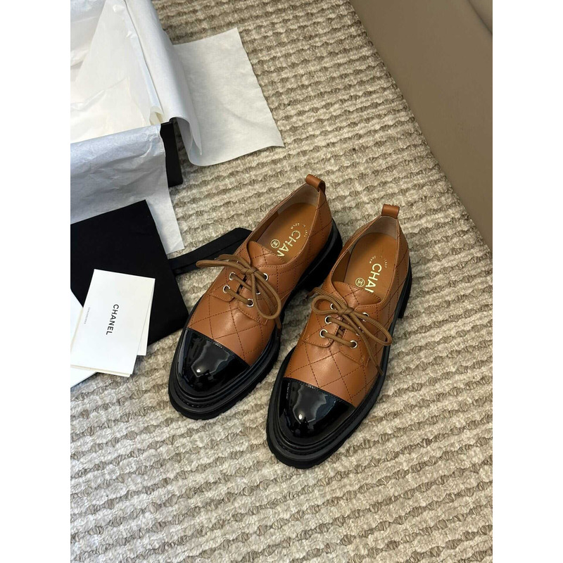 Ch*el lace up shoes calfskin & patent calfskin brown