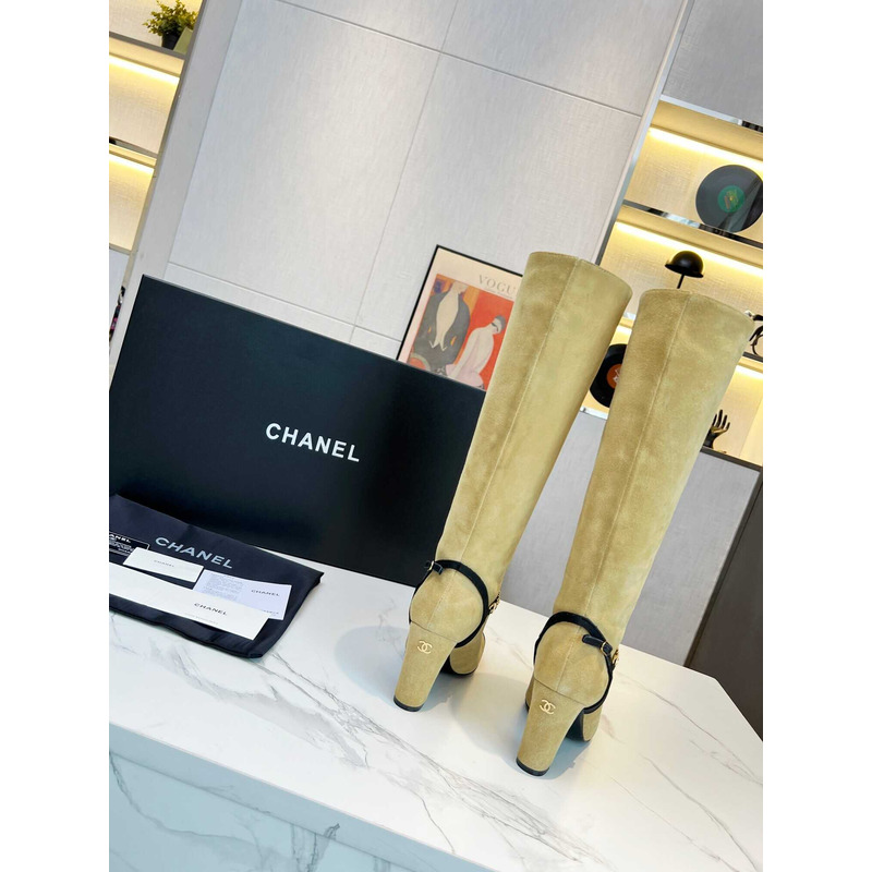 Ch*el high boots suede kidskin, grosgrain & metal beige