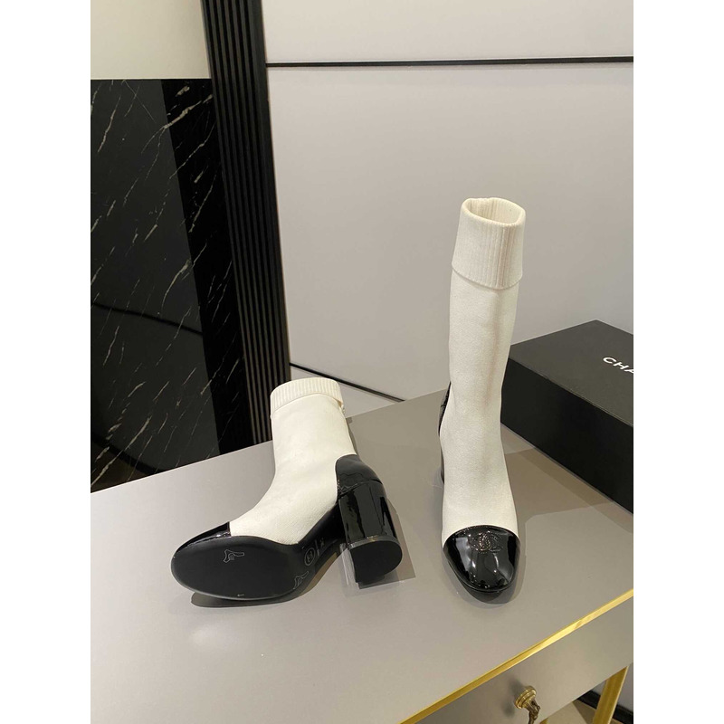Ch*el short boots knit & patent calfskin white