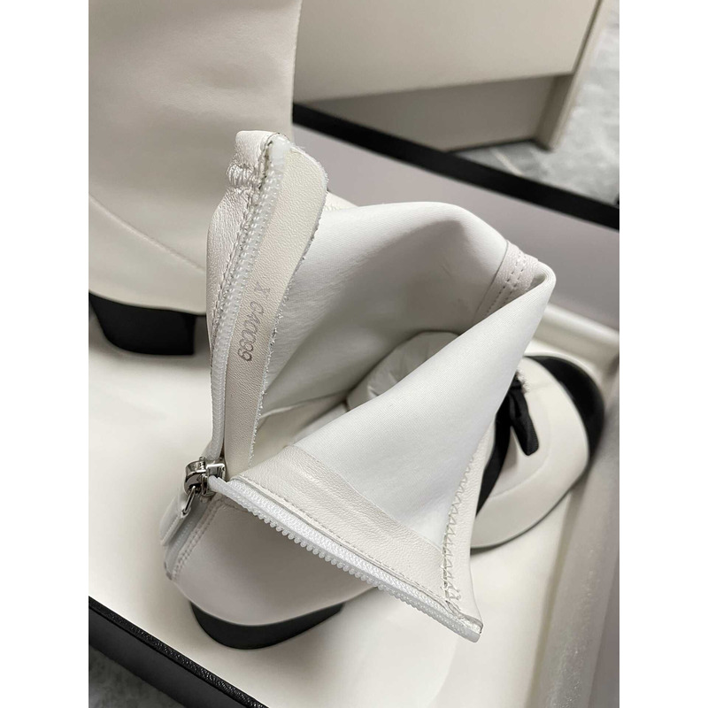 Ch*el short boots stretch lambskin & patent calfskin white