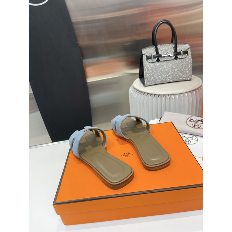 H**mes oran cloth sandal  green and light blue