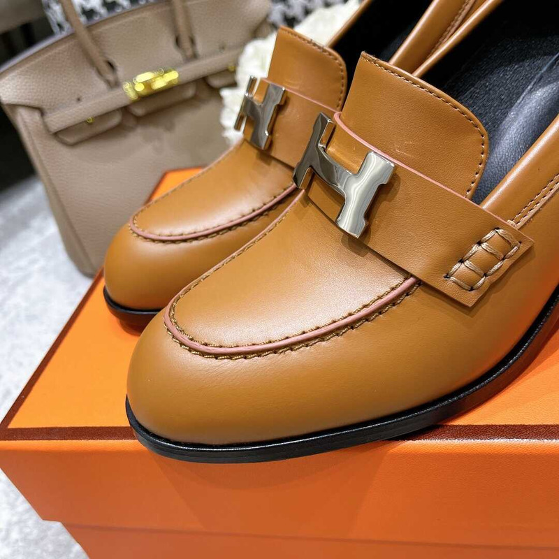 H**mes dauphine 70 high heel loafer in calfskin brown