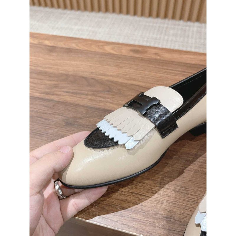 H**mes goatskin womens royal loafers black and beige